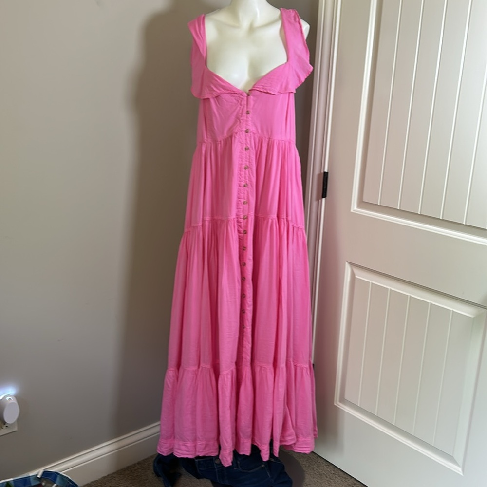 Anthropologie Pilcro Flutter Sleeve Tiered Dress Pink Maxi Button Front XL NEW - Picture 4 of 13